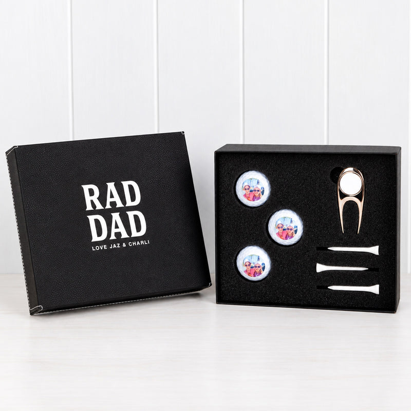 Personalised Father’s Day golf gift set in an engraved black keepsake box with custom photo golf balls, tees and ball marker.