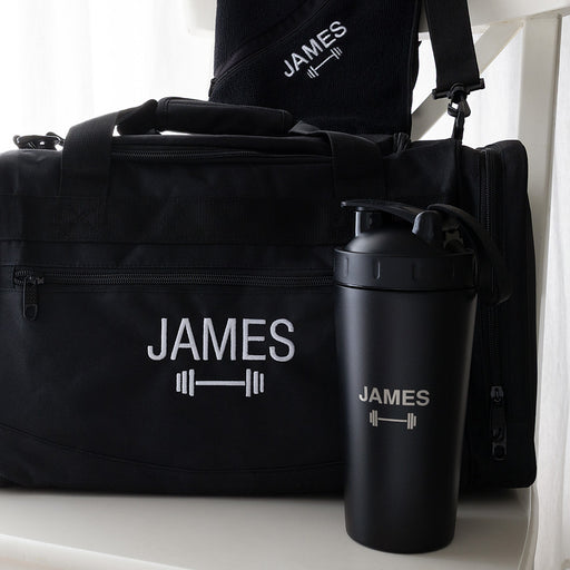 Custom fitness gift set featuring a personalised gym bag, 750ml stainless steel protein shaker and embroidered gym towel with zip pocket.