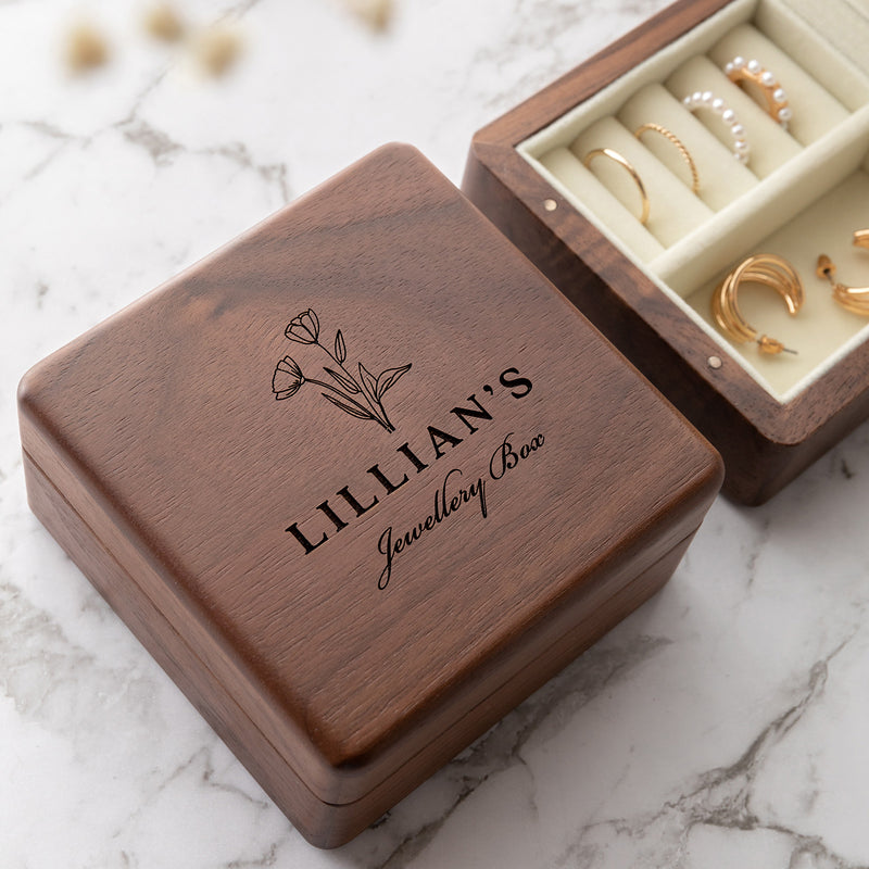 Luxury wooden travel jewellery box with compartments and magnetic closure