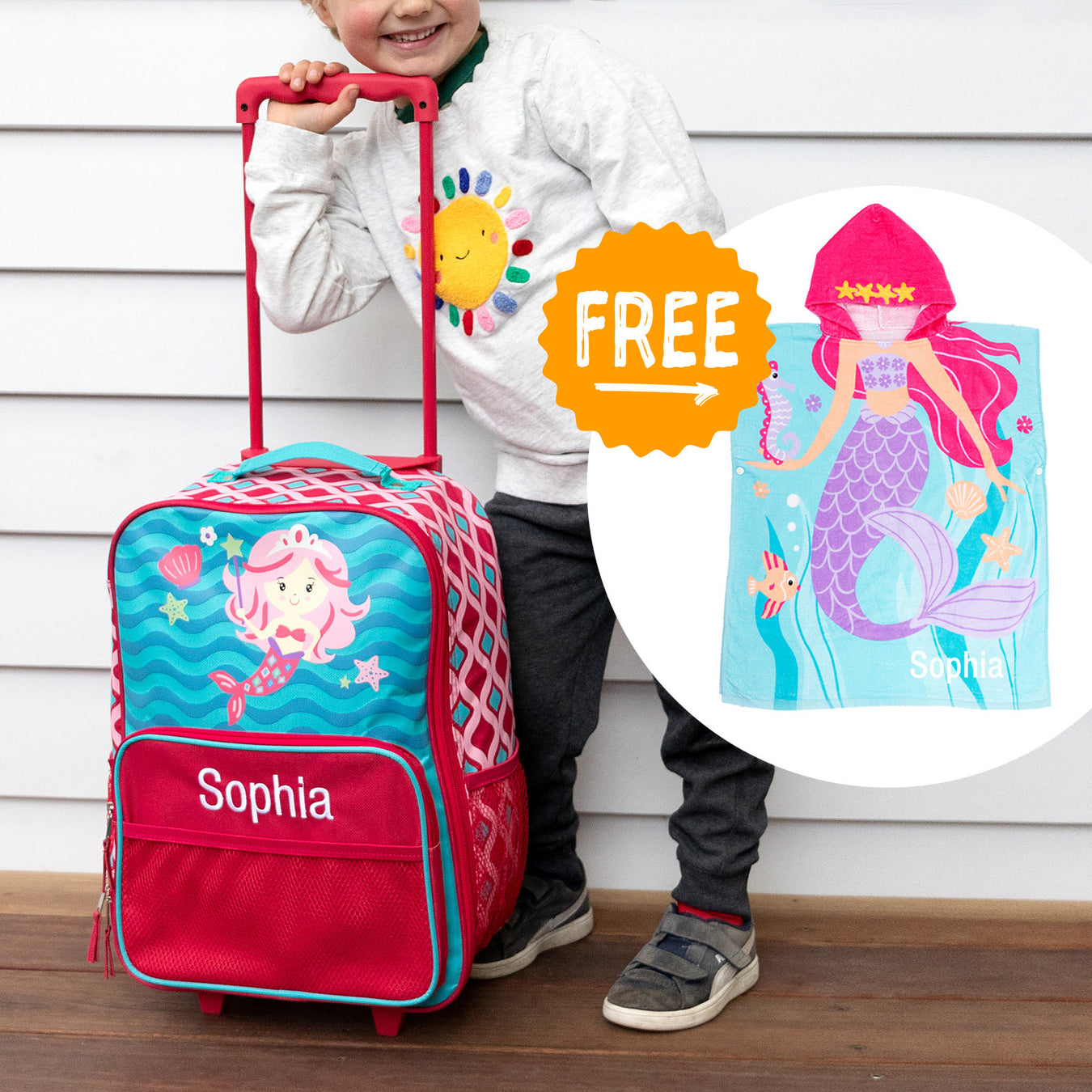 Personalised mermaid trolley case with free matching hooded beach towel