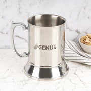 Personalised silver metal beer mug with dark grey engraved logo