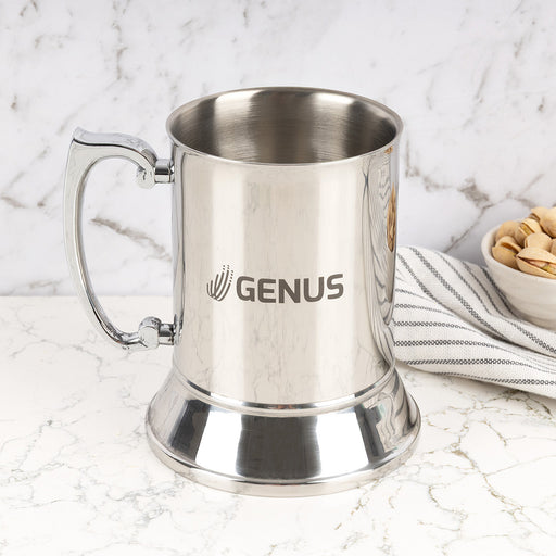 Personalised silver metal beer mug with dark grey engraved logo