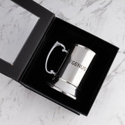 Custom silver beer mug with dark grey laser engraving and handle