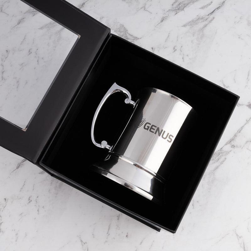 Custom silver beer mug with dark grey laser engraving and handle