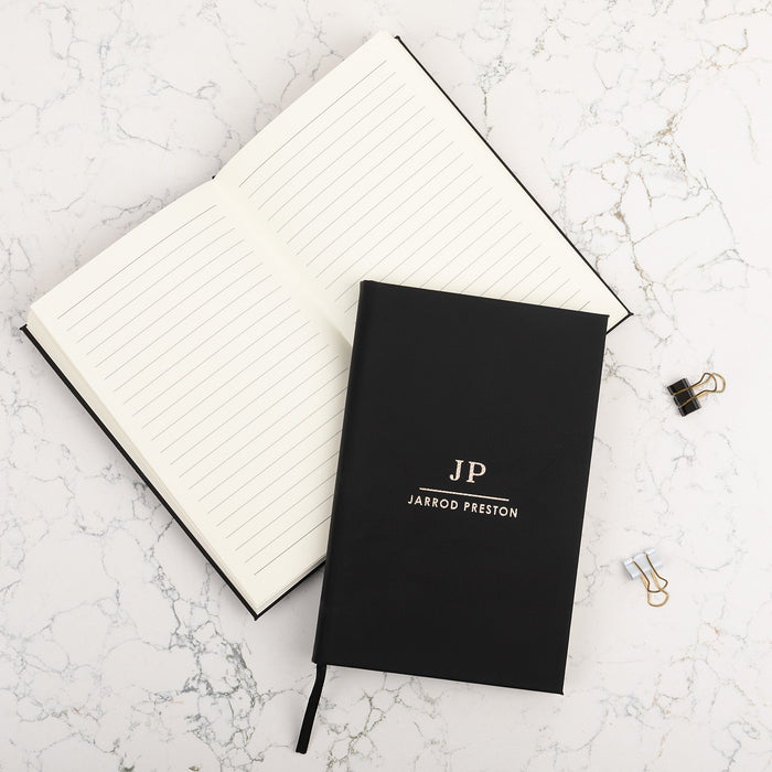 Custom A5 notebook with metallic gold engraved name and ribbon bookmark