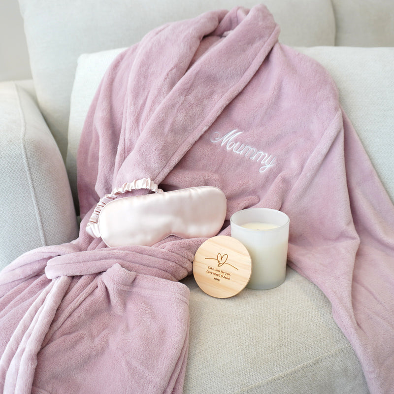 Embroidered mummy robe with silk eye mask and soy candle gift set
