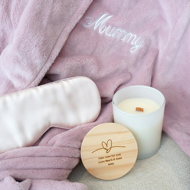 Mother’s Day pamper gift set with personalised robe and candle