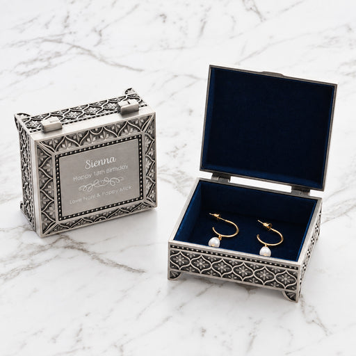 Personalised pewter jewellery box engraved with name and milestone birthday message