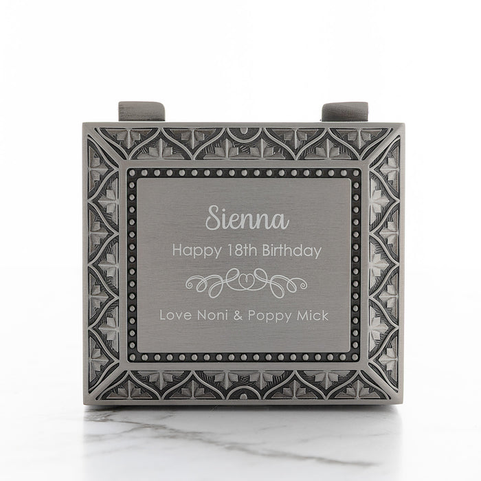 Custom pewter jewellery box for 1st, 18th or 21st birthday milestone gift
