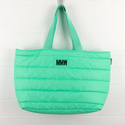Mint green personalised puffer tote bag with custom embroidered initials