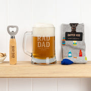 Rad Dad personalised beer hamper with children's names engraved on a beer mug and bottle opener, perfect for Father's Day.
