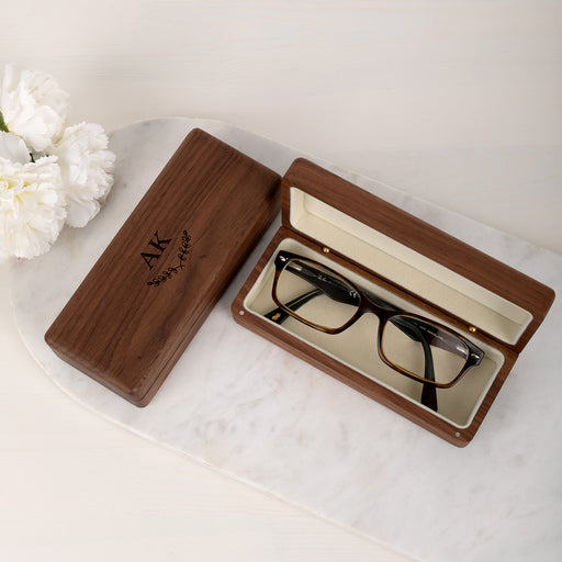 Personalised walnut reading glasses case with velvet lining