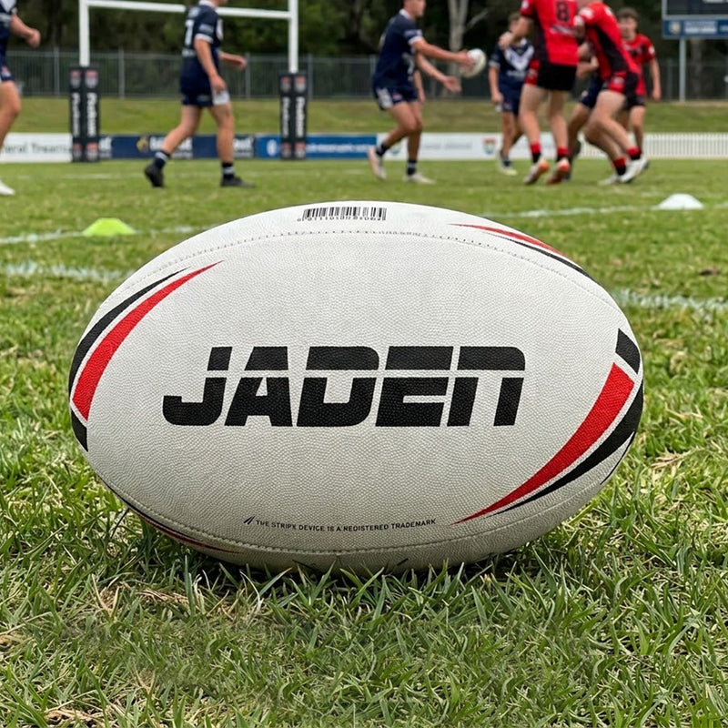 Personalised Steeden red and white rugby league ball with custom name