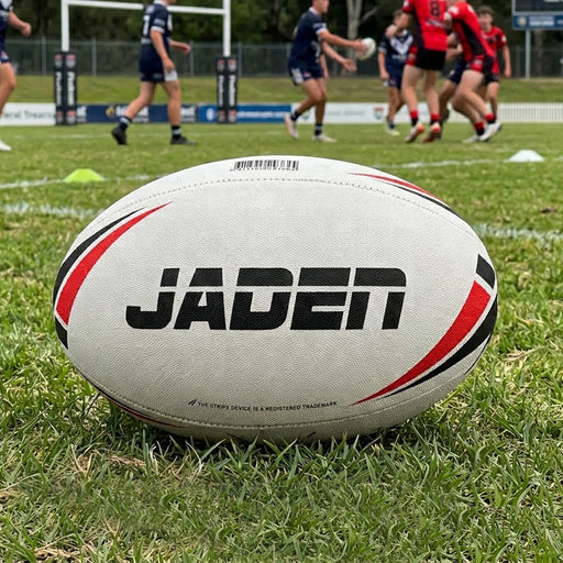 Personalised Steeden red and white rugby league ball with custom name