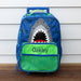 Personalised shark trolley case with embroidered child's name and shark design on front.