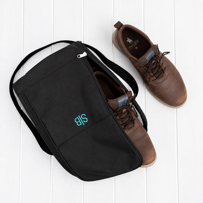 Personalised sports shoe bag with custom name or initials, breathable mesh panels and shoulder strap, perfect for travel, gym and sporting gear.