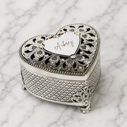 Personalised silver heart keepsake box with diamanté crystal details, black velvet lining and engraved name.