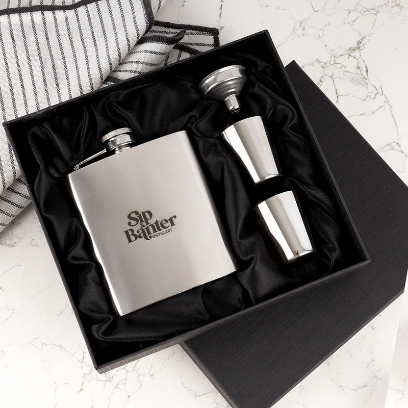 Personalised silver hip flask corporate gift set with shot glasses and funnel