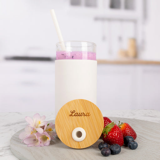 Custom Designed Engraved Name White Bamboo Lid Smoothie Drink Bottle