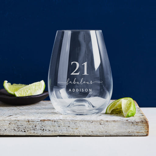 Engraved 460ml stemless wine glass, the perfect 21st birthday gift for wine lovers