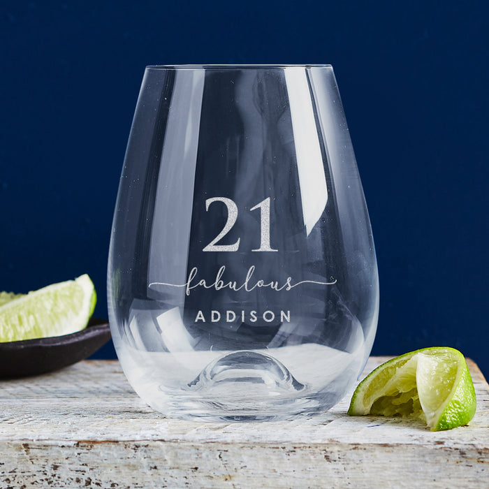 Personalised 460ml stemless wine glass, unique gift for celebrating a 21st birthday milestone