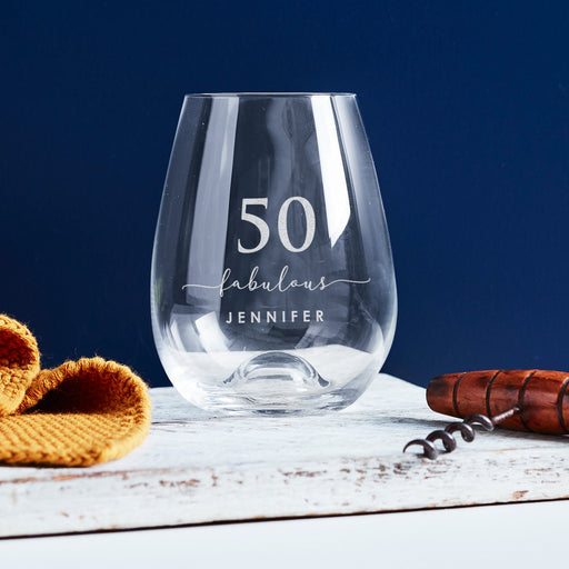 Personalised 50th birthday stemless wine glass – a unique birthday gift, laser engraved with name and date for wine lovers celebrating a milestone.