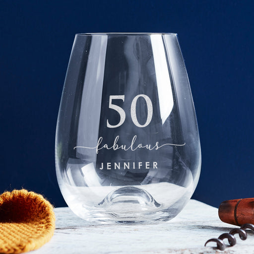 Laser engraved personalised 50th birthday wine glass – the perfect unique birthday gift for enjoying wine, bubbles, or cocktails in style.