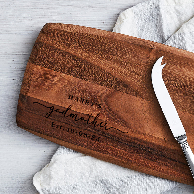 Custom laser etched serving board for Godparents, ideal keepsake and practical gift