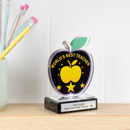 Personalised World's Best Teacher Apple Trophy with Black Marble Base