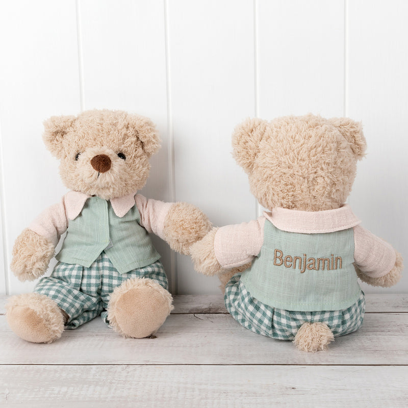 Personalised Ethan Bear with embroidered vest featuring child’s name, made from soft cotton and perfect for newborns or toddlers
