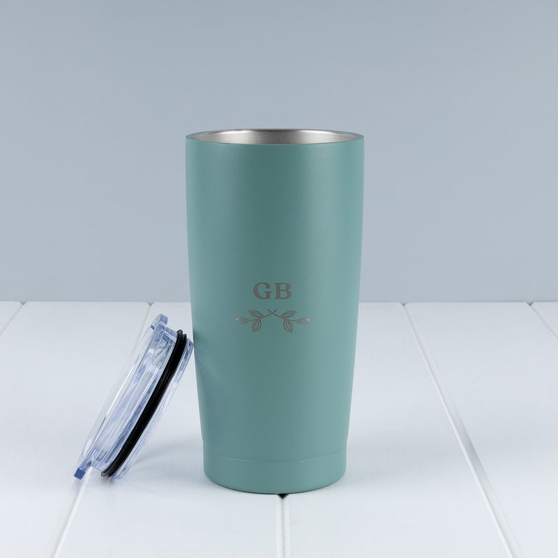Sage custom engraved 590ml tumbler featuring a reusable insulated design with sliding lid.