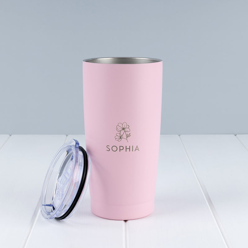 Pink engraved 590ml stainless steel tumbler personalised with your choice of name or design.