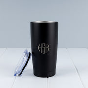 Black personalised 590ml insulated tumbler with custom silver laser engraving and sliding lid.