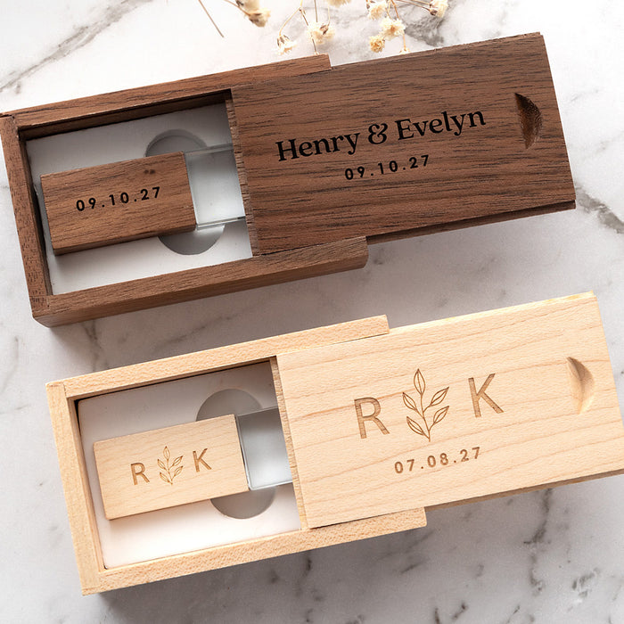 Engraved wooden USB and box for wedding or milestone photos