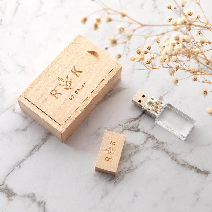 Beech wood personalised USB gift box with engraved design