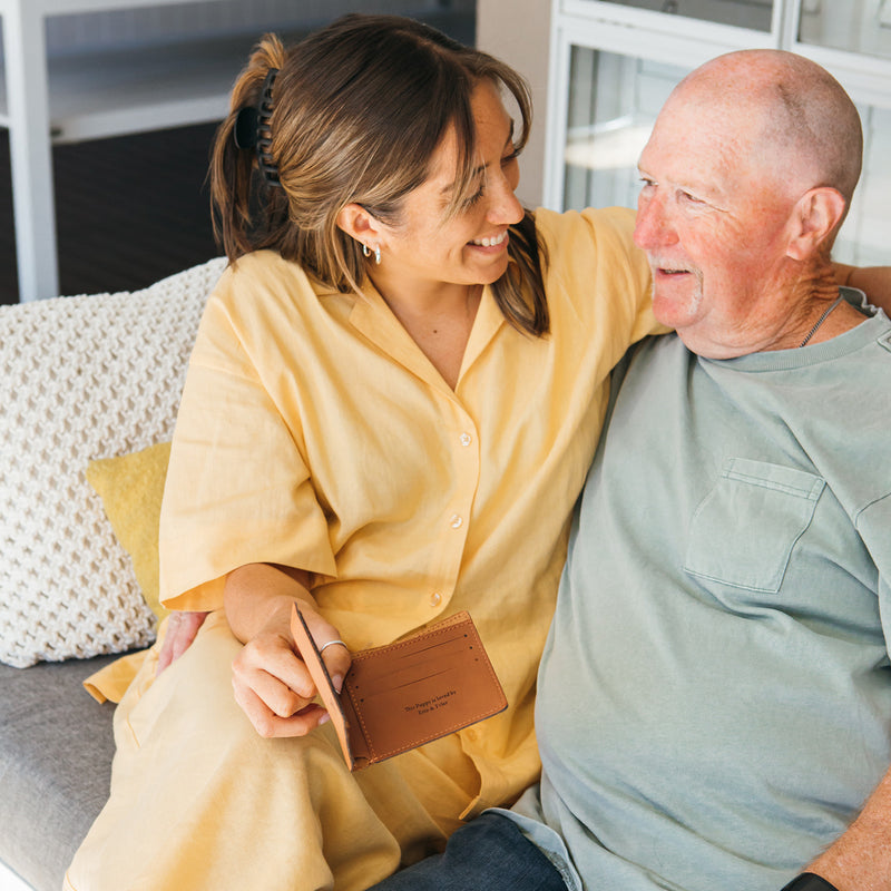 Compact leatherette wallet in tan with personalised laser engraving, ideal for everyday use