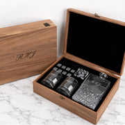 Personalised whiskey decanter gift set with engraved initials in walnut box.