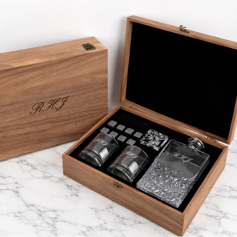 Personalised whiskey decanter gift set with engraved initials in walnut box.