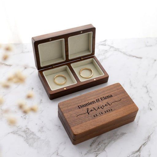 Personalised walnut wedding ring box with names and wedding date.
