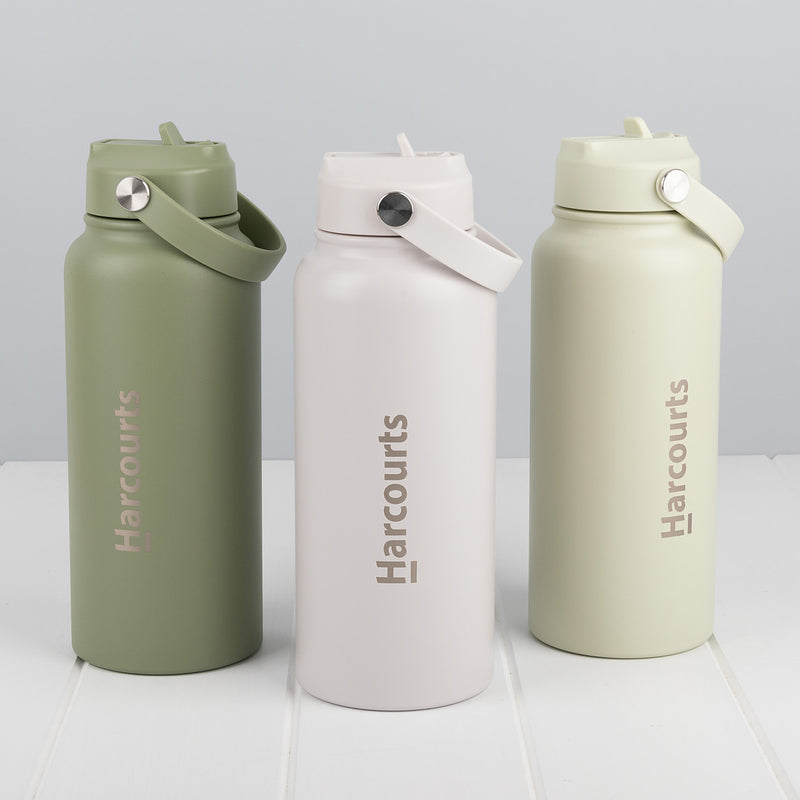 Corporate water bottle gift engraved with company logo in olive, ivory or lime