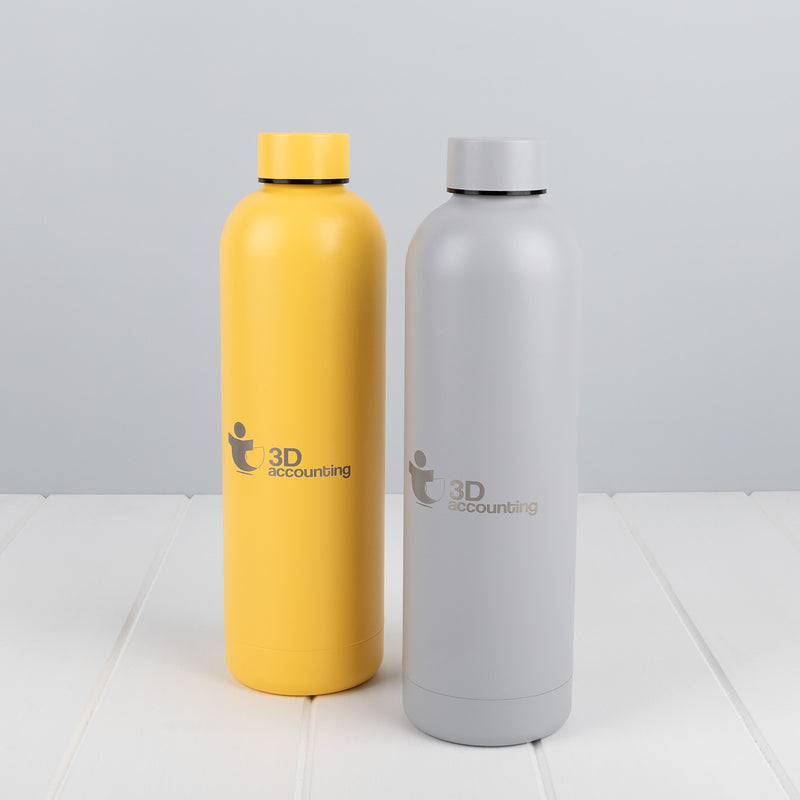 Custom 750ml stainless steel water bottle with engraved branding and leak proof lid