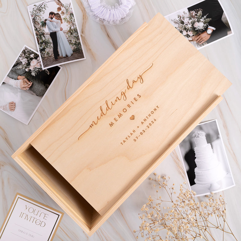 Natural pine keepsake box with sliding lid for bridal mementos