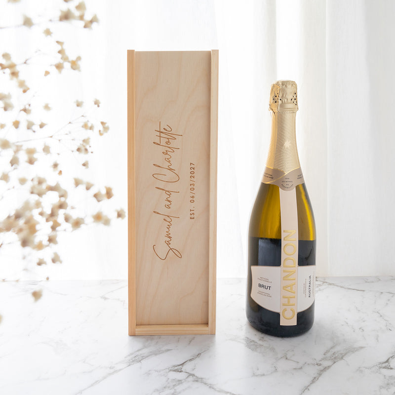 Custom wine box made from natural pine, ideal keepsake for engagements or bride and groom gifts