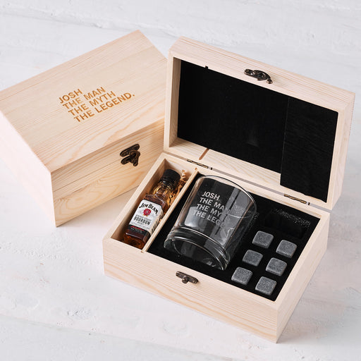 Personalised whiskey gift set in engraved wooden box with glass, whiskey stones, and mini spirit bottle for all occasions.