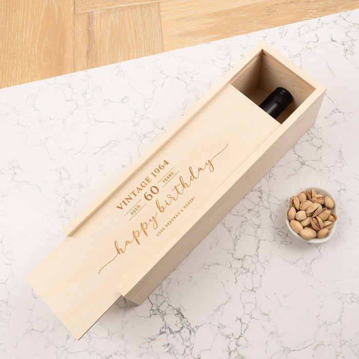 Custom pine wine box with sliding lid holding 750ml bottle