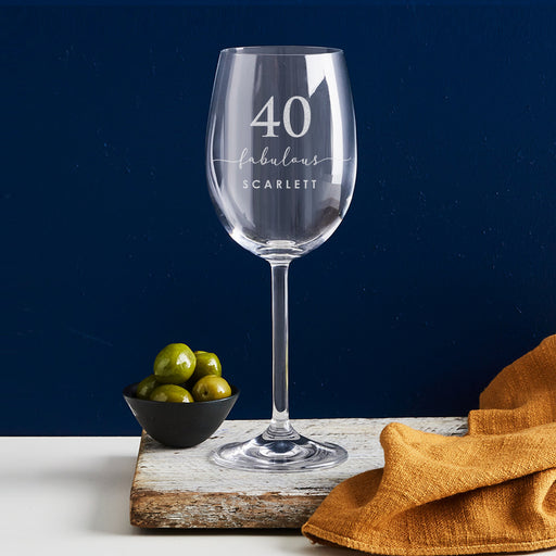 Personalised 40th birthday wine glass engraved with name and date – unique gift for wine lovers and milestone celebrations.