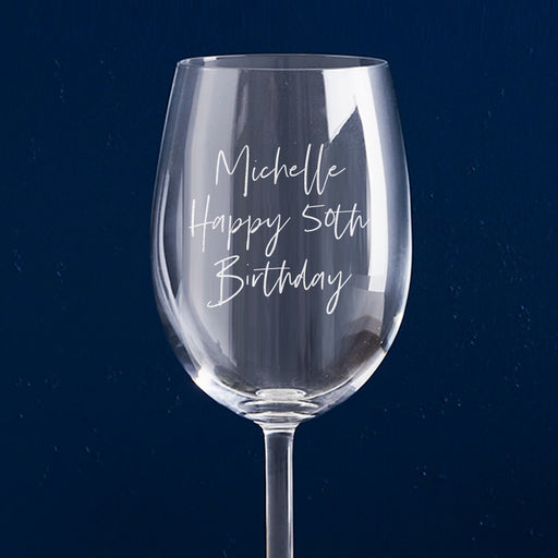 Laser engraved personalised 50th birthday wine glass – the perfect unique birthday gift for elebrating a 50th milestone.