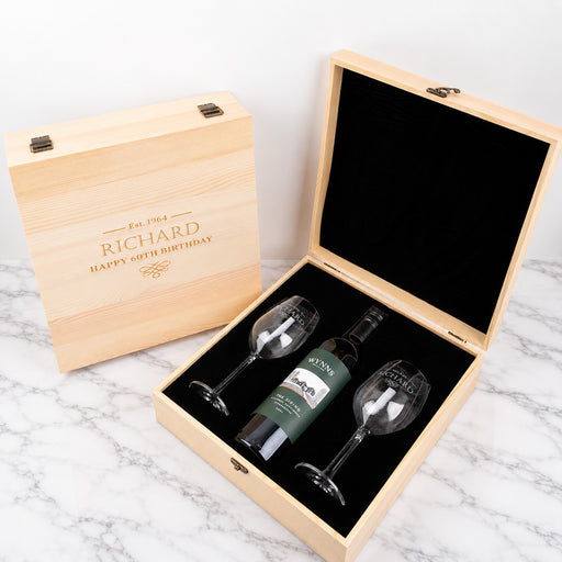 Personalised milestone birthday wine gift set with engraved glasses and wooden gift box