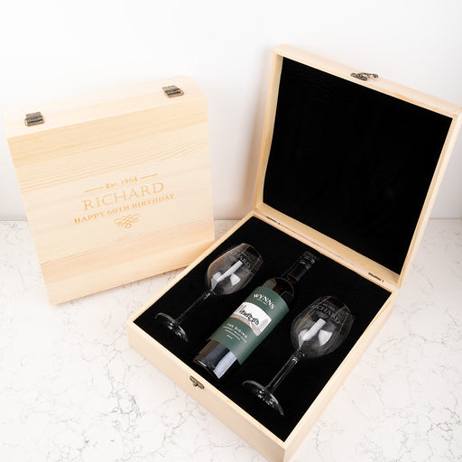 Personalised wine glass gift set with engraved wooden box for milestone birthday