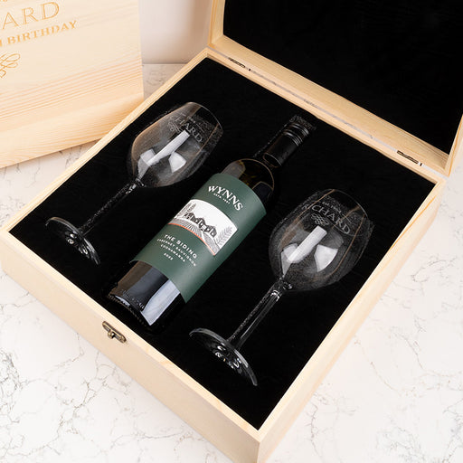Custom engraved wine glasses and wine bottle in premium wooden gift box